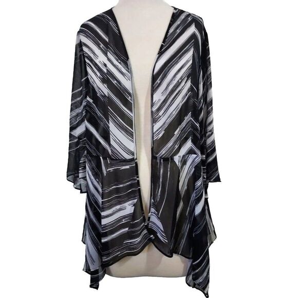 Catherines Sheer Cardigan Womens 0X Open Front 3/4 Bell Sleeves Black White - Picture 1 of 10